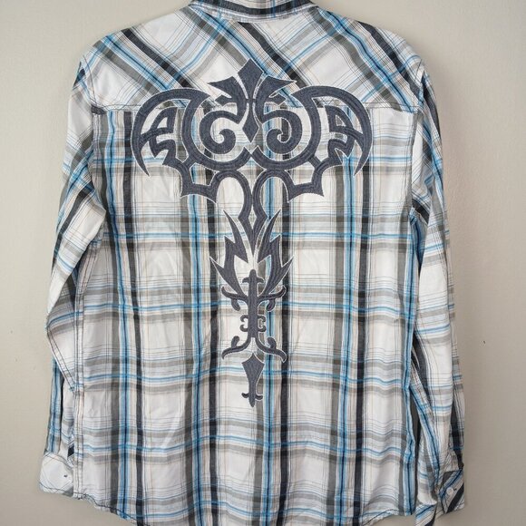 MENS HELIX AFFLICTION PLAID BUTTON DOWN, LONG SLEEVE, SIZE MEDIUM, ATHLETIC FIT - Picture 3 of 8